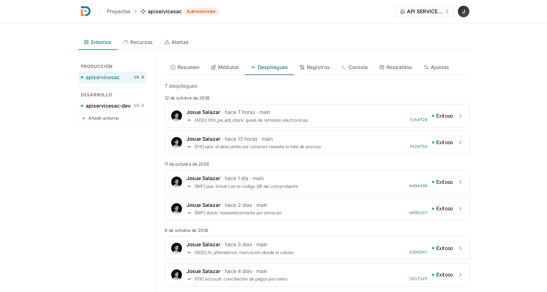Every deployment with its commit, its author and its result, and back again in one click.